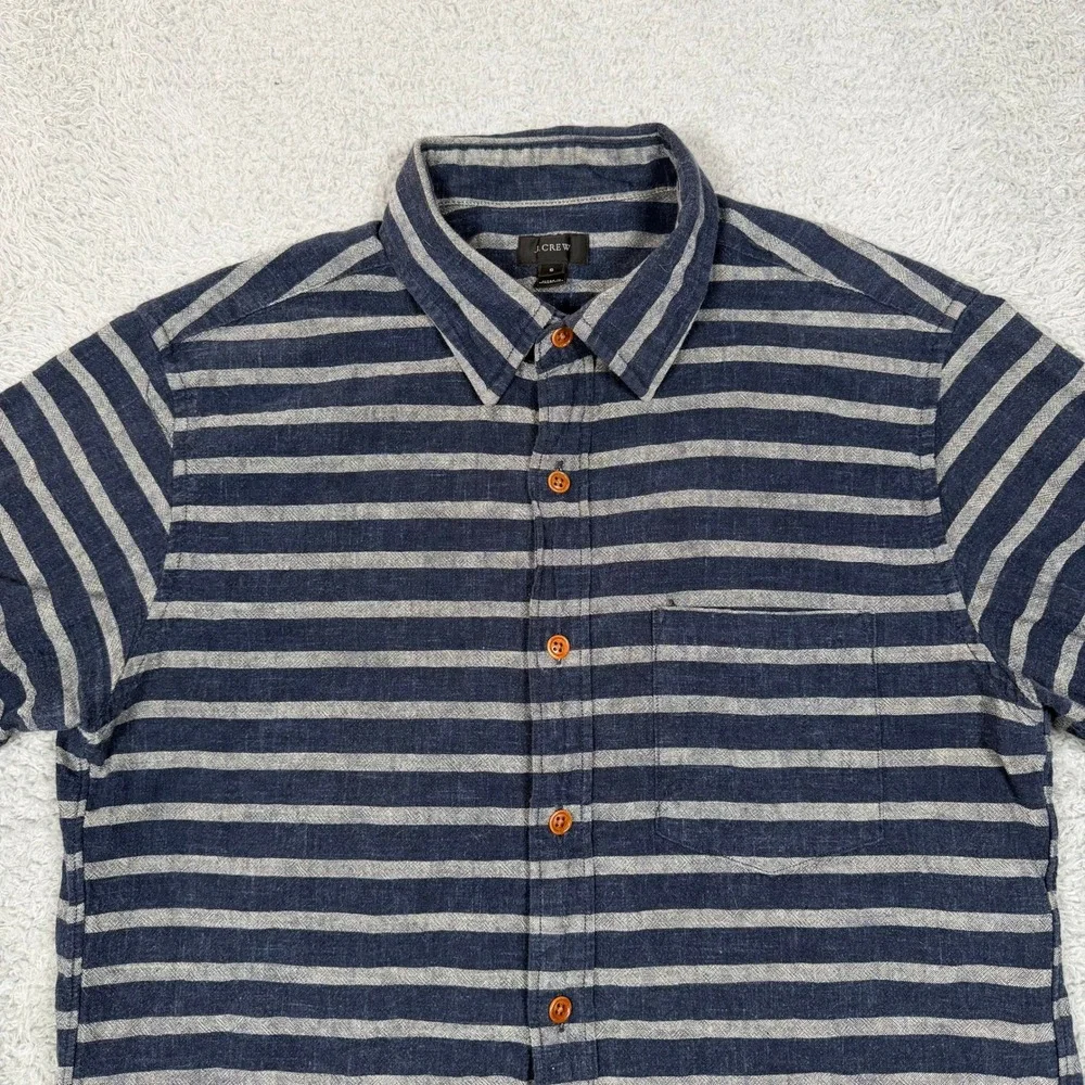 J.‎ Crew Mens Short Sleeve Striped Button Down Shirt Navy Blue Grey Small Summer